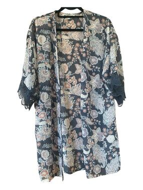 Wildflower Boho Kimono Floral Paisley Crochet Sleeve Open Front M